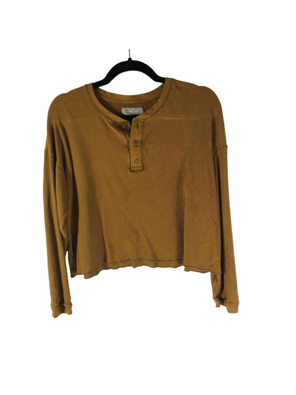 Everlane Organic Cotton Waffle Knit Henley Cropped Long Sleeve Shirt Mustard M